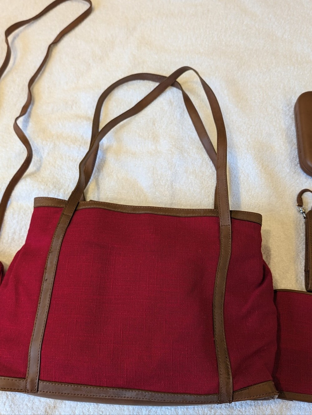 VTG Worthington Linen Blend Red Shoulder Tote Bag 5pc Set Travel Organizer Cross